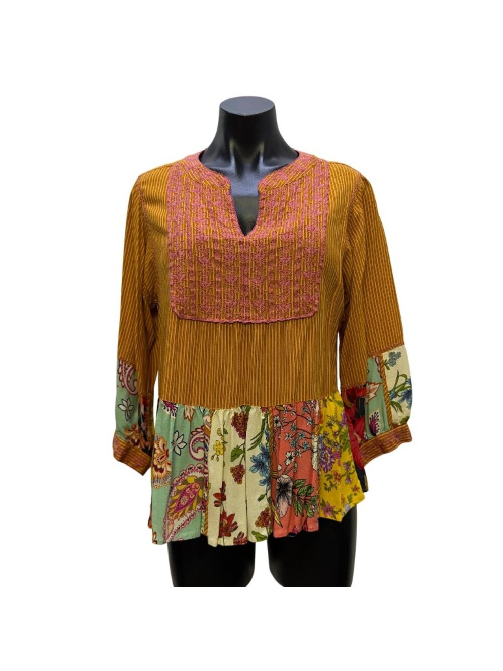 John Mark Orange Multi Floral Hem Blouse Embroidered S